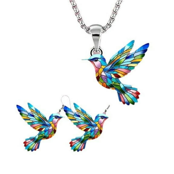 Colorful Hummingbird Necklace and Earrings Set Acrylic Pendant Jewelry for Women Gift for Mother Daughter Girlfriend