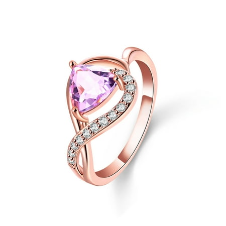 Trillion Crystal - 18K Rose Gold Plated Genuine Trillion Shaped Pink Amethyst & Crystal Ring