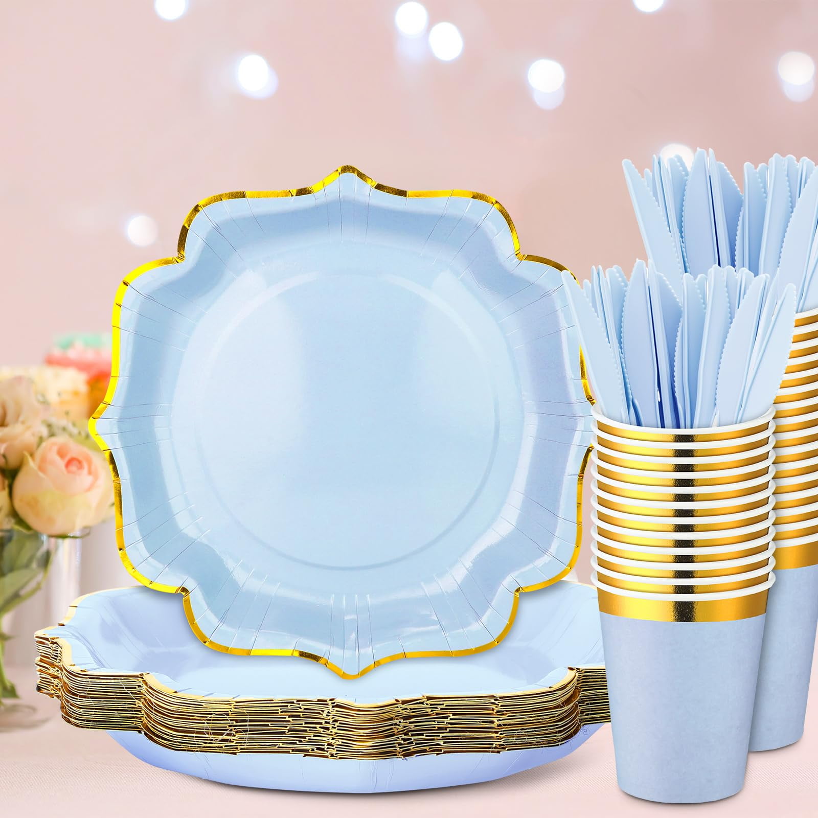 120 Pcs Blue Plates Disposable - Blue and Gold Plates 30 Guest - Baby Shower Disposable Paper Party Supplies for Wedding Birthday Party