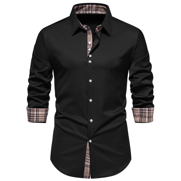 WREESH Men's Classic Patchwork Collar Shirt - Long Sleeve Button Down Dress Shirt with Solid Color Options, Office & Dinner Party