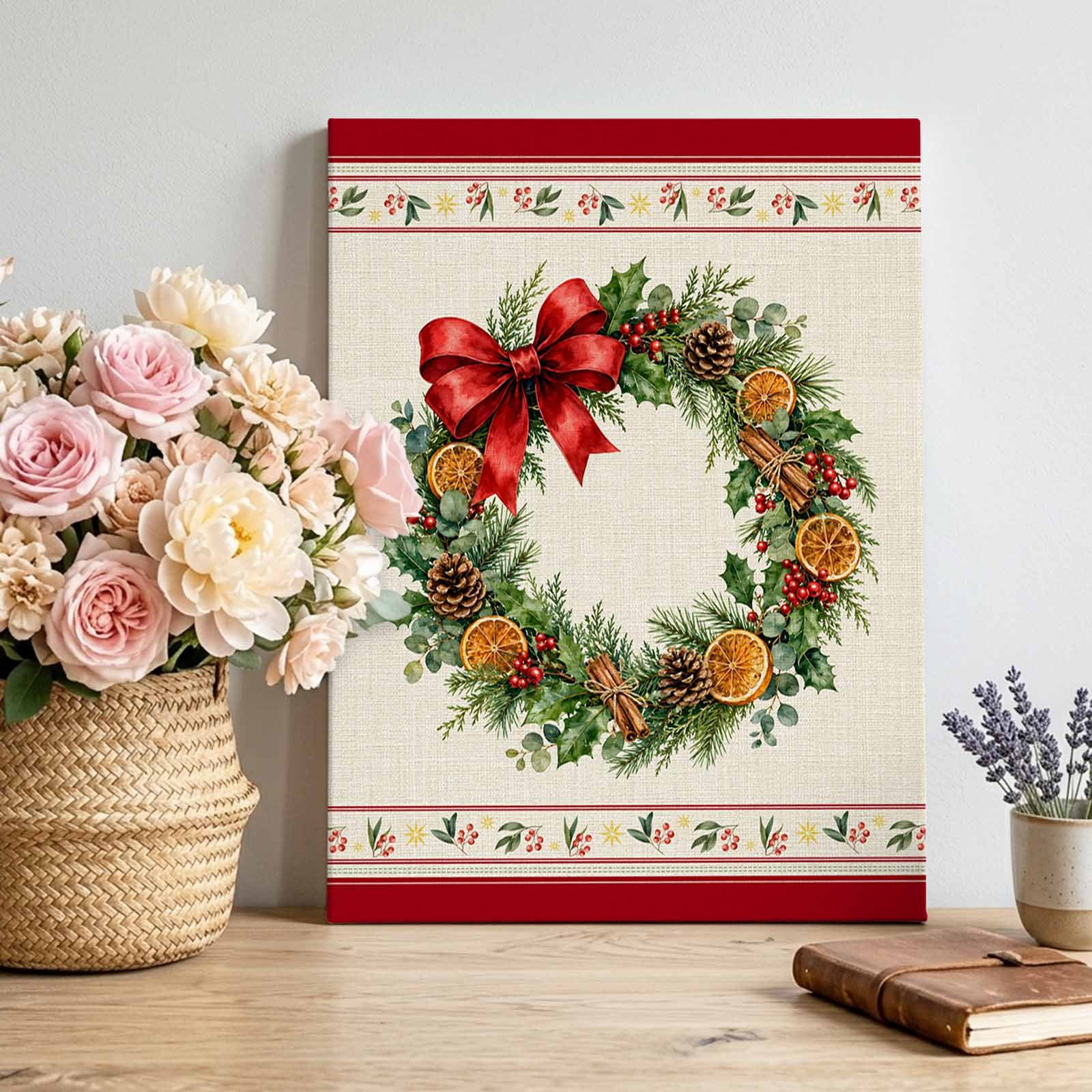 Festive Pine Wreath Canvas Wall Art Rustic Red Satin Bow Warm Linen Pictures Wall Decor Wooden Framed Artwork Art Prints for Living Room Hallway Bedroom Office 12 x16
