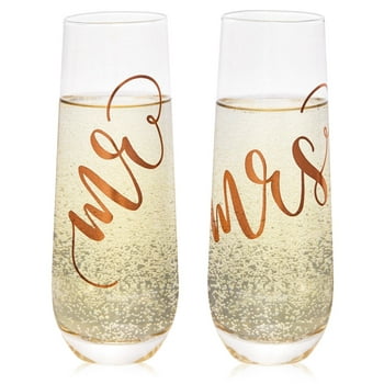Set of 2 Mr and Mrs Champagne Toasting Flutes for Bride and Groom, His and Hers Wedding Day Glasses for Newlyweds, Engagement, Wedding and Bridal Shower Gifts (Rose Gold, 10oz)