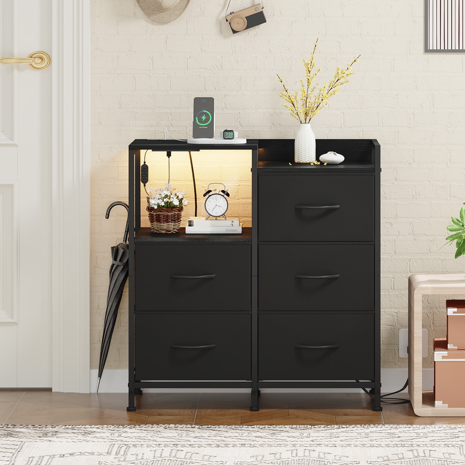 Eunos 5 Wide Black Drawers Dresser with Charging Station and Open Shelf for Bedroom Closet Dorm