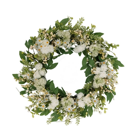 30" Green and White Puleo International Artificial Chrysanthemum Floral Spring Wreath