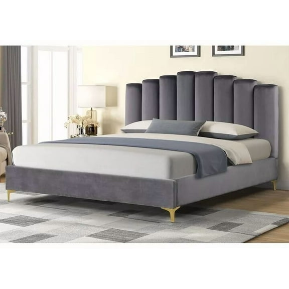 Modern Luxurious Eastern King Velvet Upholstered Platform Bed Frame with Gold Legs, Gray