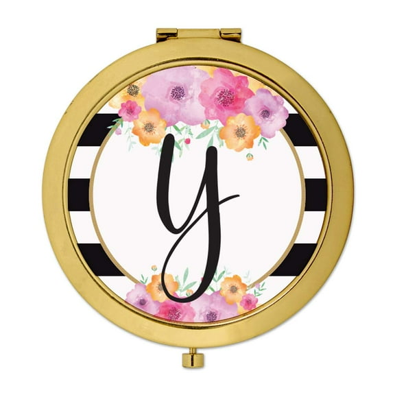 Koyal Wholesale Compact Mirror Bridesmaid's Wedding Gift, Gold, Monogram Letter Y, Modern Black White Stripes , 1-Pack