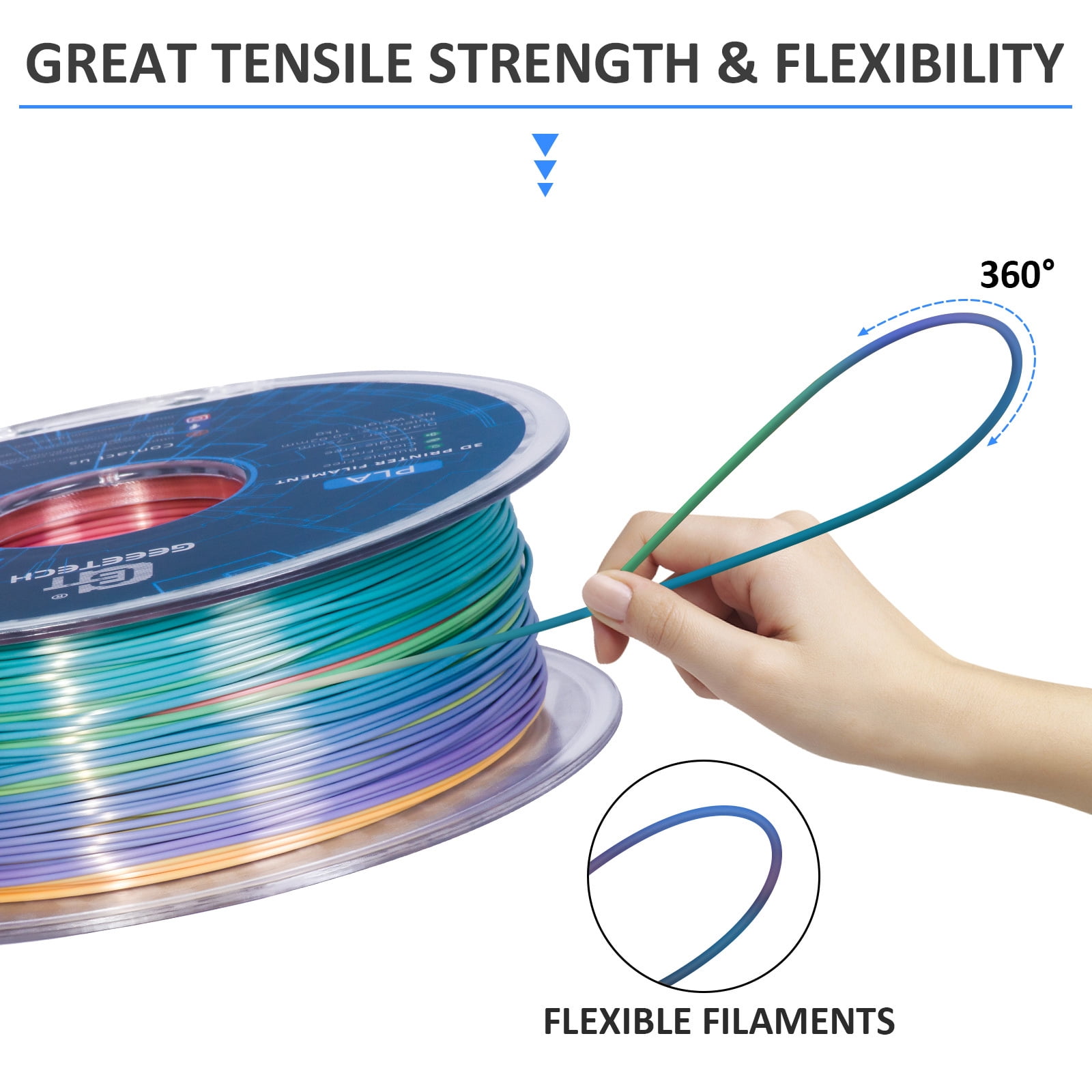 Geeetech gradient color 3D Printer PLA Filament 1KG Toughness Enhanced Filament with 1.75mm Dimensional Accuracy +/-0.03mm, 1080 Feet per Roll, Vacuum Packaging