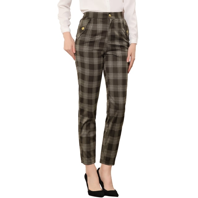 Pantalones Largos Rectos Allegra K Pantalones a cuadros de Tartán vintage Marrón S