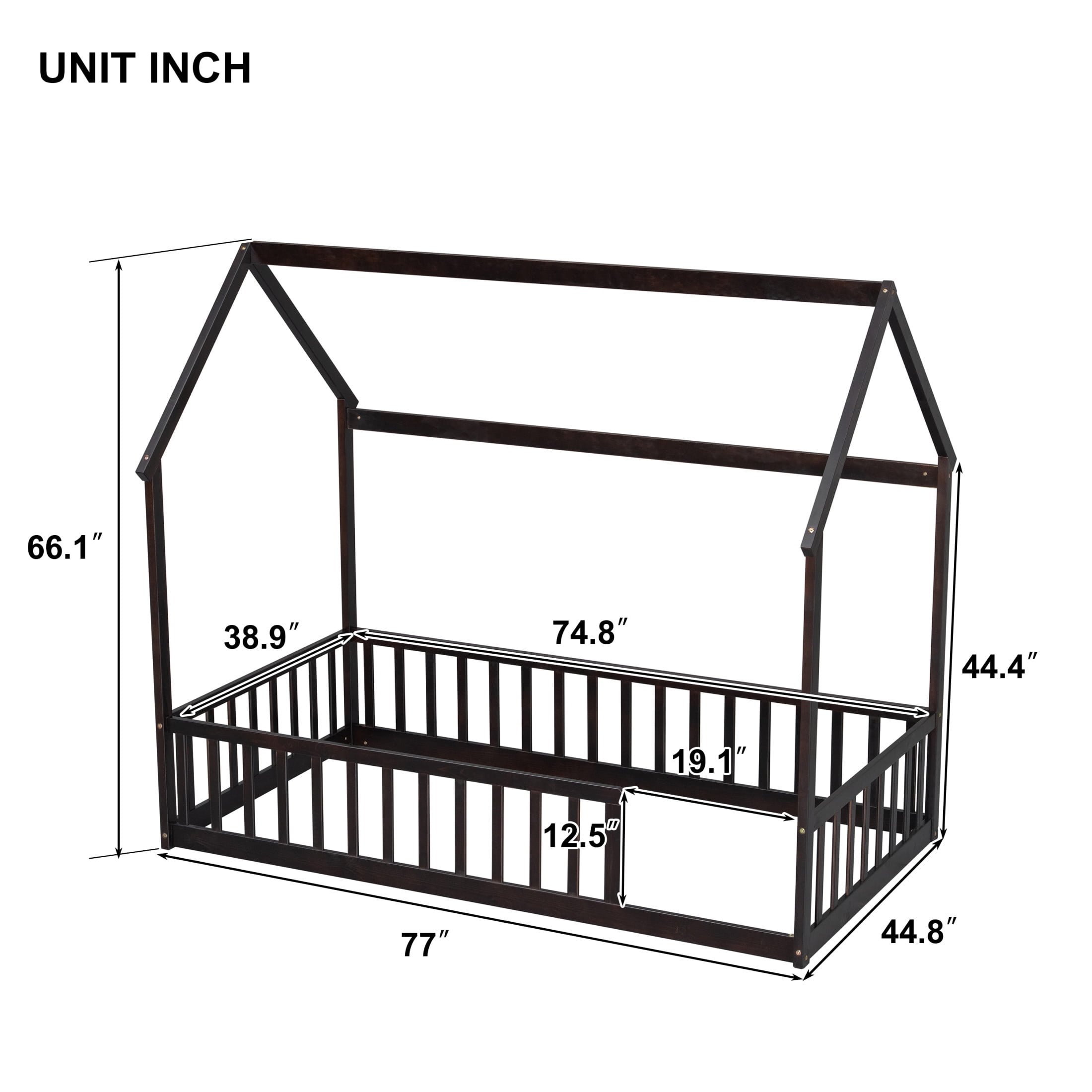 Noble House Morde Twin Size House Floor Bed with Gable Roof Frame & Safety Guardrails, Pine Wooden Bed Frame, Espresso