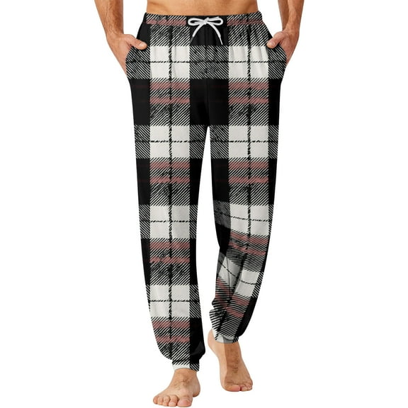 Wutalume Men's Drawstring Pocket Cuffed Casual Pants with Checkered Pattern, Soft Home Sleep Pants for Comfortable Wear and Relaxation,Black L
