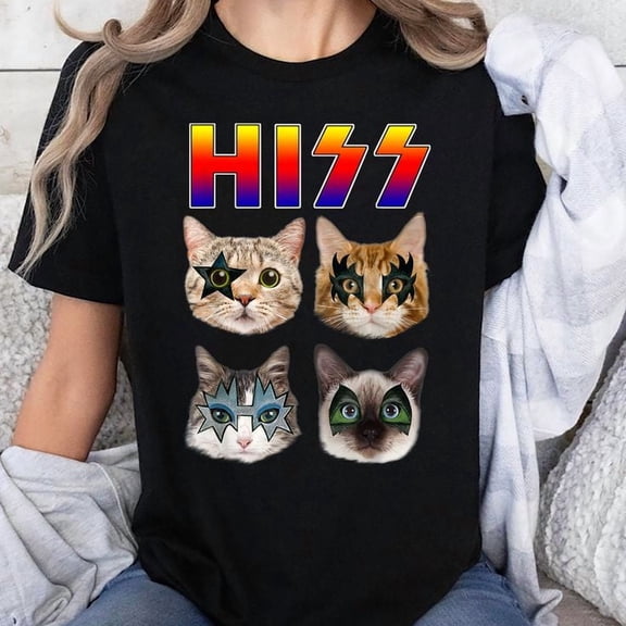 Hiss Funny Cats Kittens Rock Rockin Short Sleeve Unisex T-Shirt, Sizes S-5XL - Gategoo