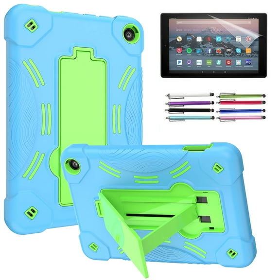 EpicGadget Fire 7 2022 Hybrid Case, for Amazon Fire 7 inch Tablet (12th Generation, 2022 Released) - Heavy Duty Hybrid Case Cover with Kickstand   1 Screen Film and 1 Pen (Blue/Green)