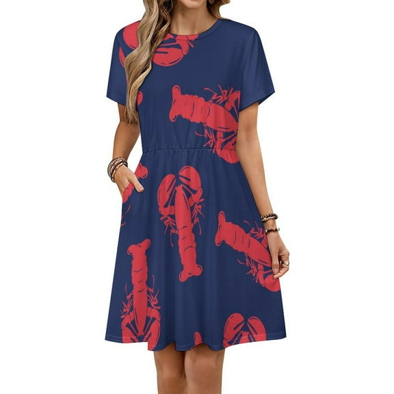 Red Lobster Dress Fashion Beach Short Sleeve Dresses Female Party Printed Sundress