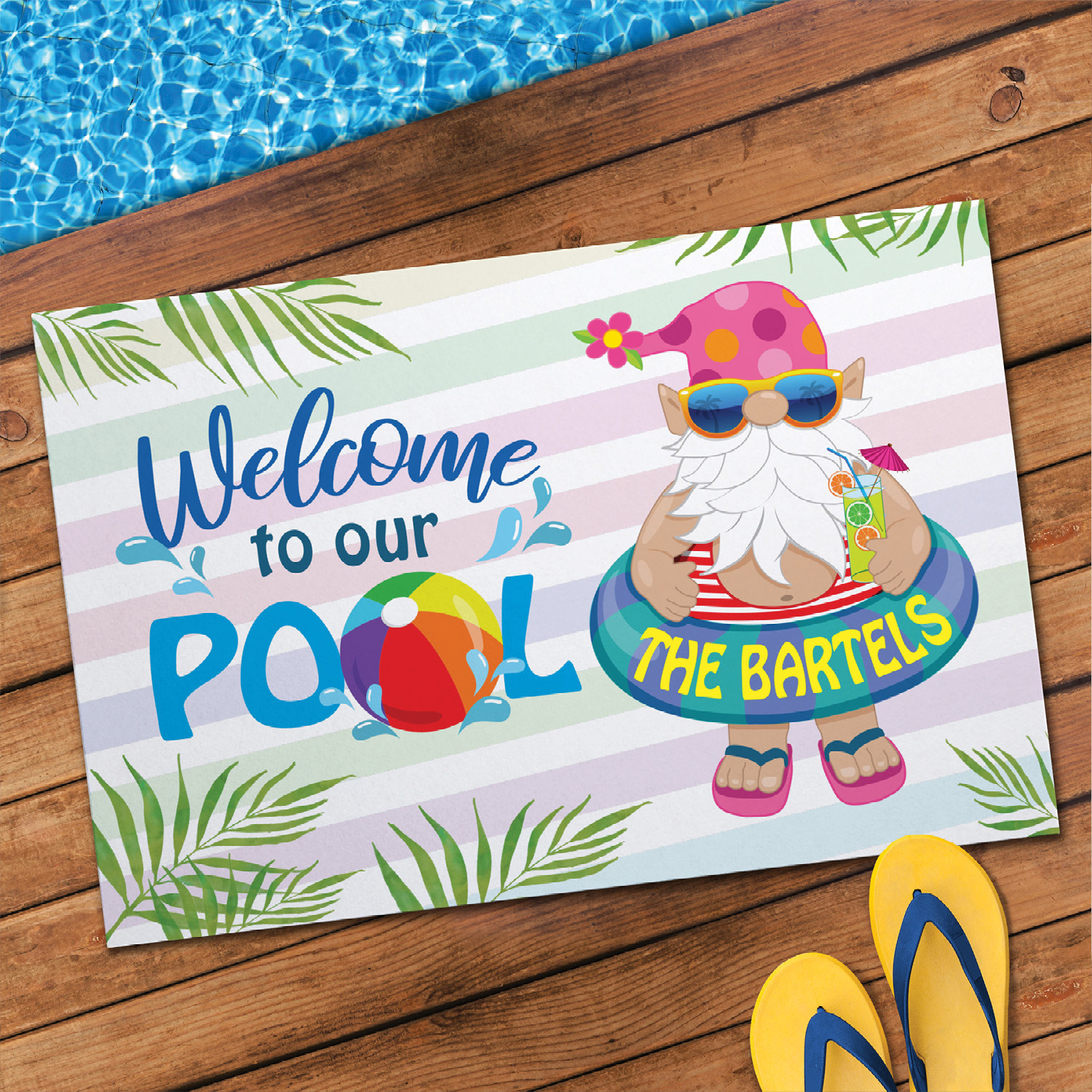 Personalized Planet 27x18 Welcome To Our Pool Doormat with Custom Family Name Printed on Colorful Rectangular 1/4” Thick Non Slip Mat with Gnome Character Design for Patio Deck or Porch