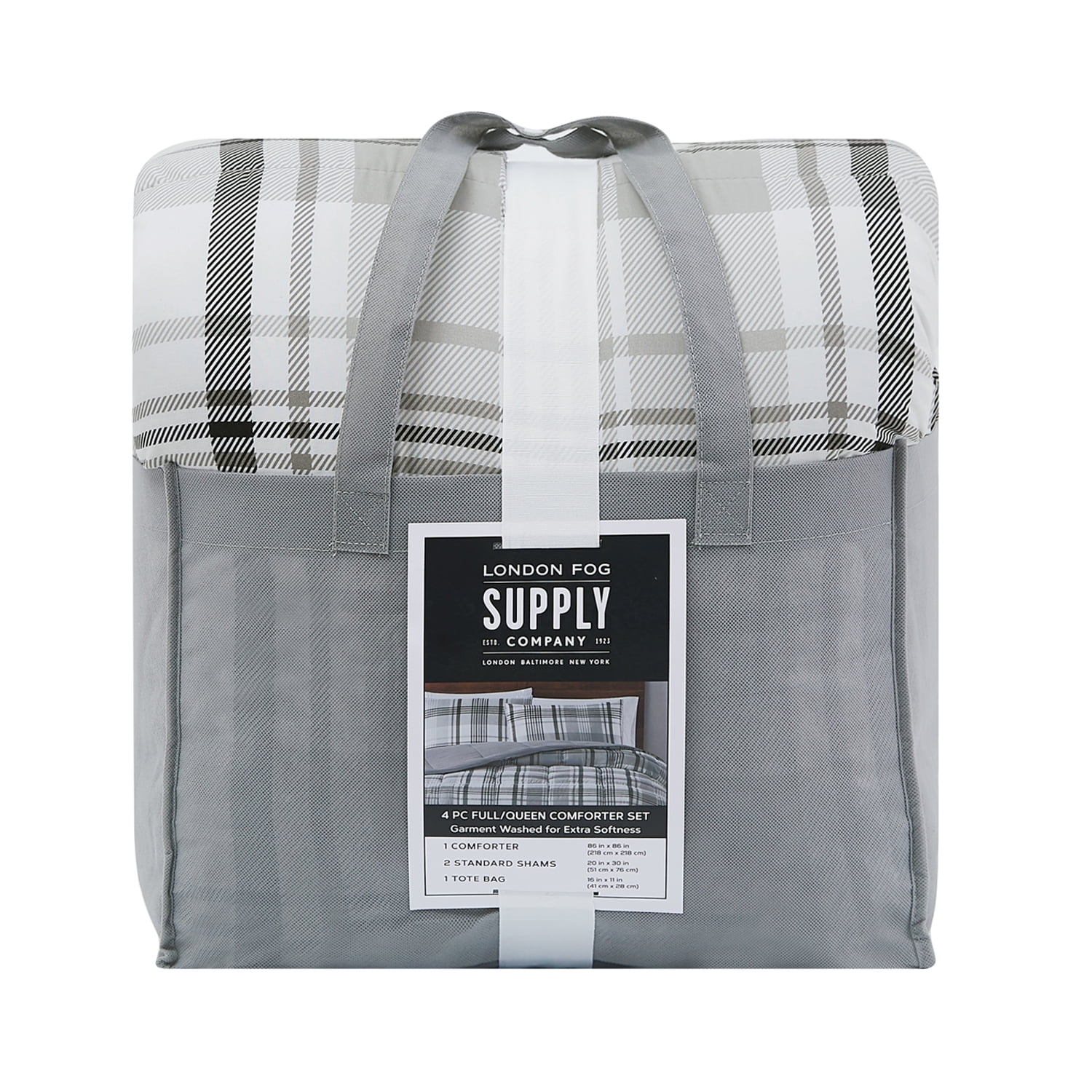 London Fog Supply Black Plaid 3-Piece Garment Washed Microfiber Comforter Set, Full/ Queen