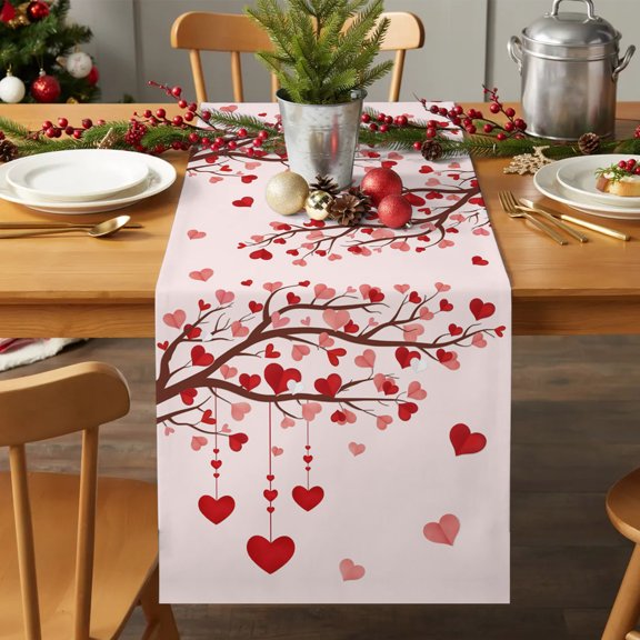 Table Runner 72 Inches Long - Valentine's Day Love Tree Pink Red Decorative Table Scarf, Romantic Heart Dining Table Runners for Wedding Party Kitchen Dining Tables
