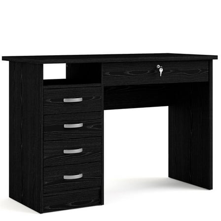 Pemberly Row Contemporary Desk with 5 Drawers in Black Woodgrain