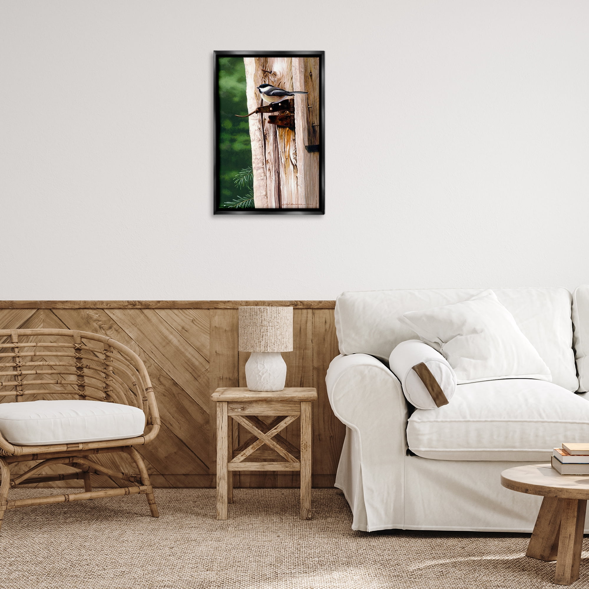 Stupell Industries Bird on Rusty Perch Animals Painting Black Floater Framed Canvas Art Print Wall Art, 17 x 25