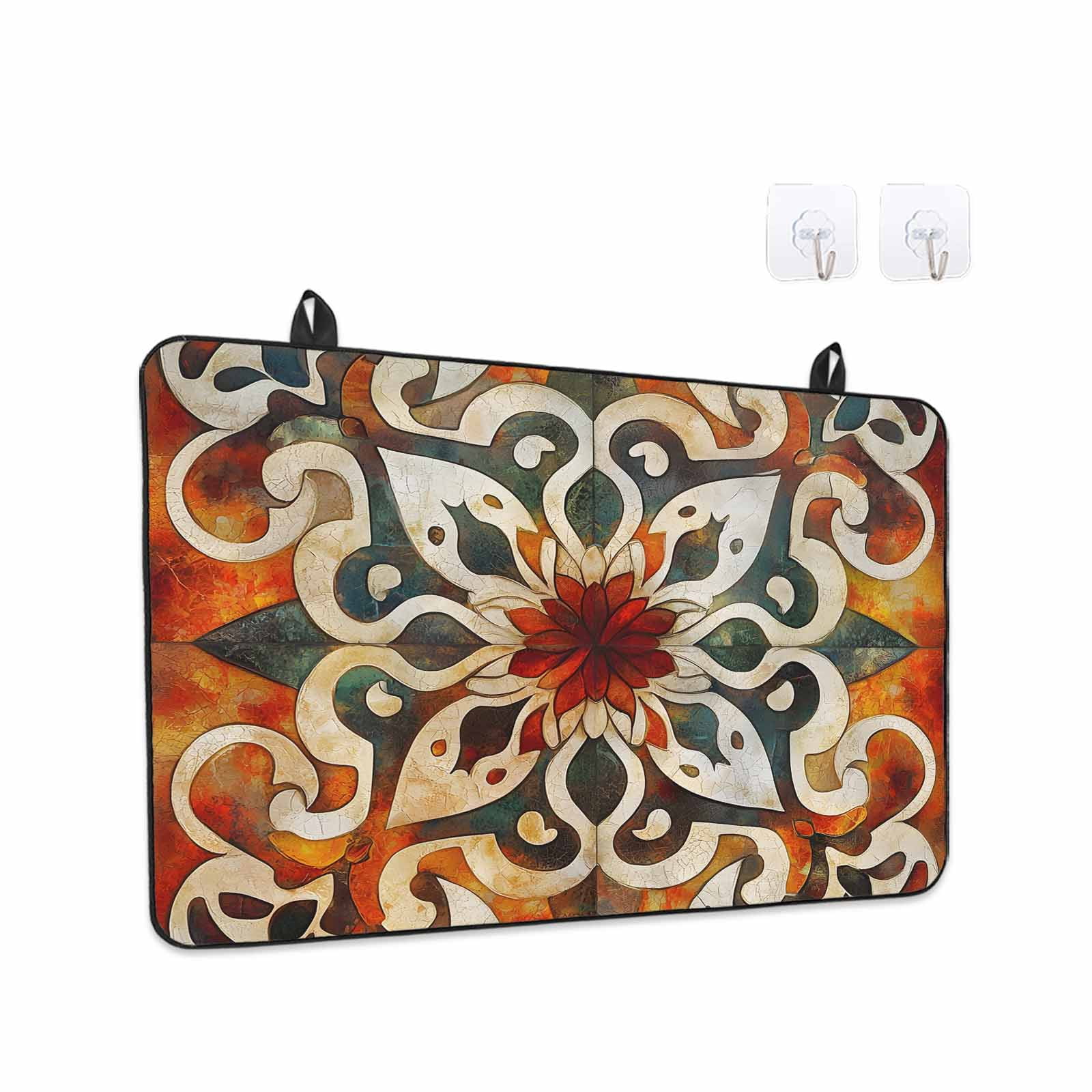 Burnt Orange Green Stove Top Cover for Electric Stove, Heat-proof & Non Slip Glass Top Stove Cover Protector, Vintage Abstract Flowers Kitchen Flat Cooktop Rubber Mat 24x21 Inches