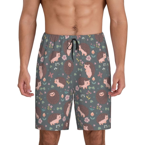 Balery Hedgehogs and Flowers1 Pantalones cortos de pijama de punto de algodón para hombre con cinturilla y bolsillos-X-Large
