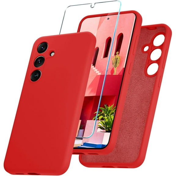 for Samsung Galaxy A55 5G Case, Silicone Phone Case with 1 Screen Protector, Soft Anti-Scratch Microfiber Lining, Full Body Shockproof Slim Cover, Red