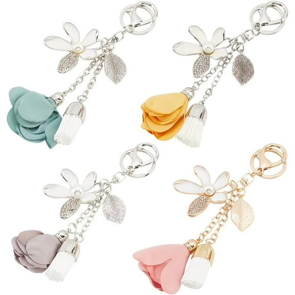 4Pcs Flower Rhinestone Keychains 4 Colors Purse Charms Handbags Tassel Style Flower Car Key Charm Women Car Key Daily 16CM