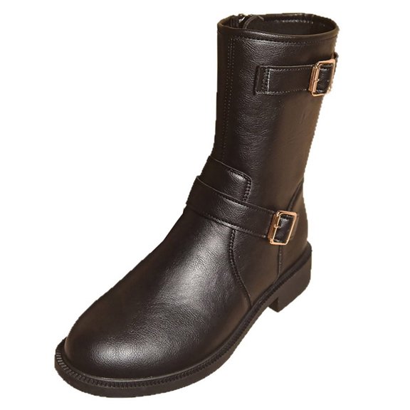 SAWOBUUN Womens Mid Calf Boots Vintage Low Heel Round Toe Faux Leather Comfortable Non-Slip Boots with Side Zipper