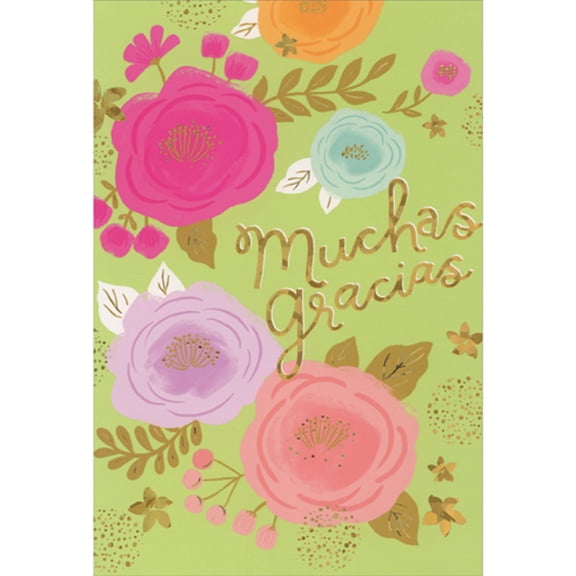Pictura Gold Foil Muchas Gracias: Pastel Colored Flowers on Light Green Background Spanish Language Thank You Card