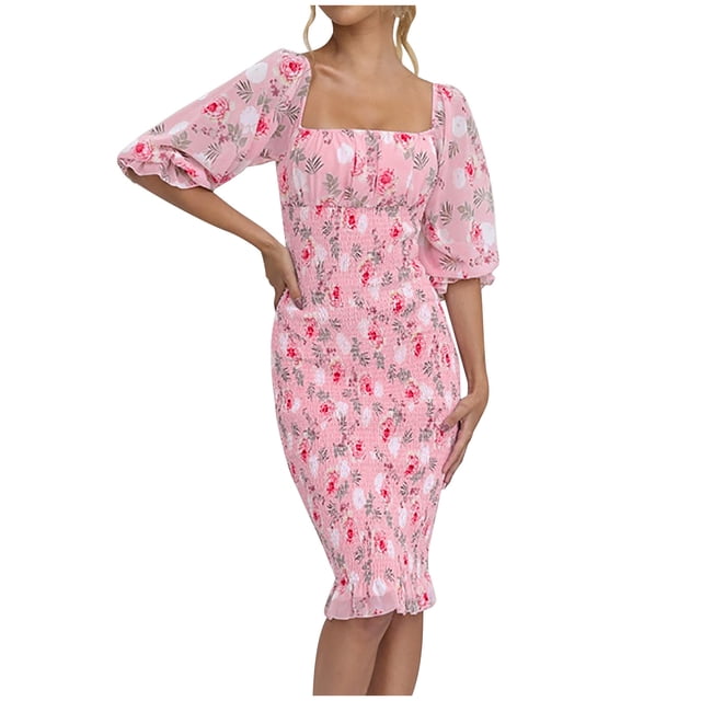 Économies d'Été! PEZHADA Robes d'Été pour Femmes, Robes Midi pour Femmes, Mode Décontractée de Printemps et Imprimé Floral, Robe à Manches Courtes Épaules Dénudées Longueur Genou Rose