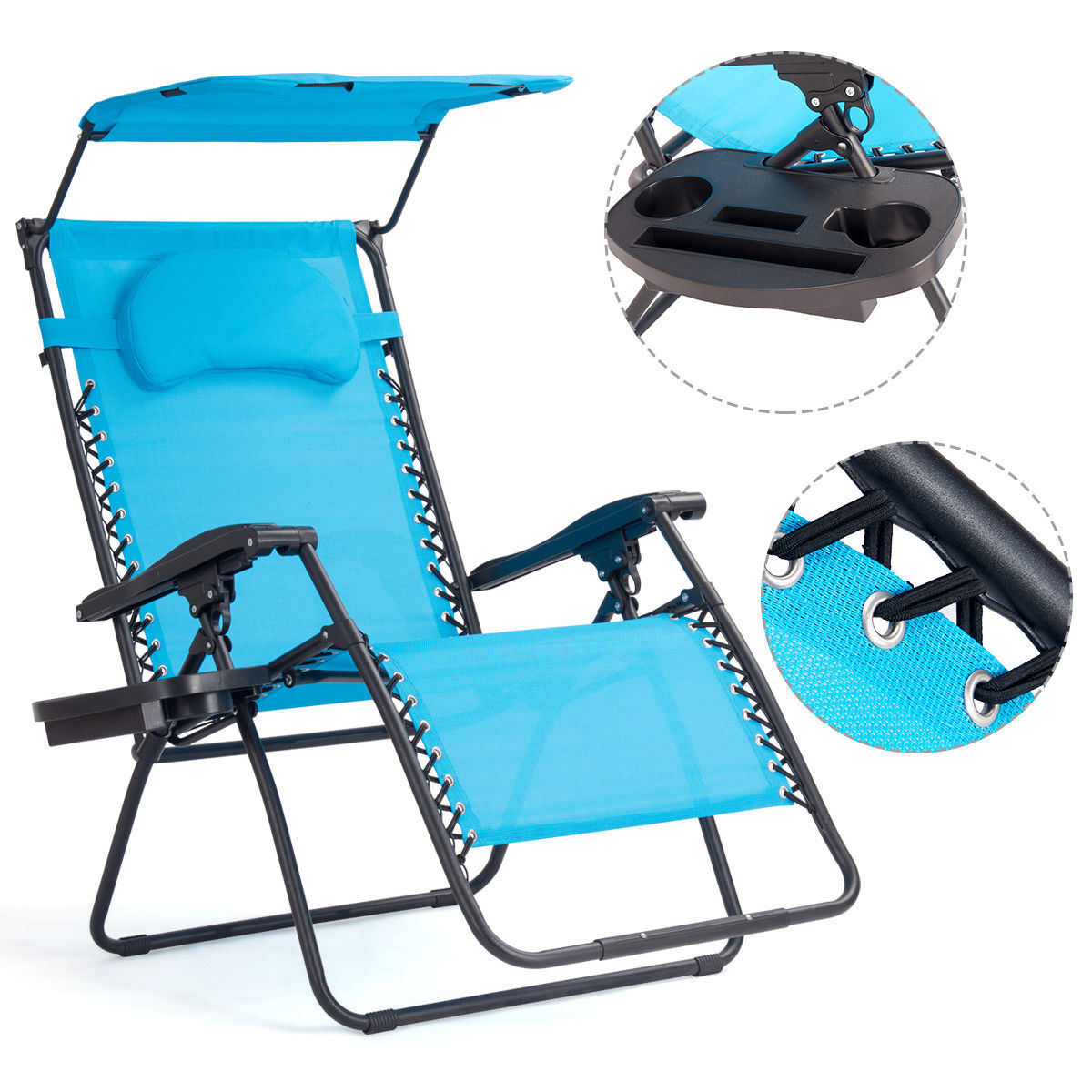 Gymax Folding Recliner Zero Gravity Lounge Chair W/ Shade Canopy Cup Holder Blue - image 3 of 10
