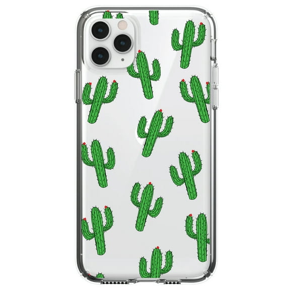 DistinctInk Clear Shockproof Hybrid Case for iPhone 13 (6.1" Screen) - TPU Bumper, Acrylic Back, Tempered Glass Screen Protector - Repeating Cartoon Cactus