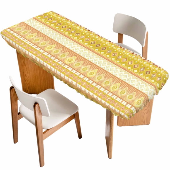 Yellow Khaki Boho Table Cloths for 8 Foot Rectangle Tables, Vintage Ethnic Tribe Abstract Art Patio Waterproof Elastic Fitted Tablecloths, Washable Rectangular Table Cover for Camping
