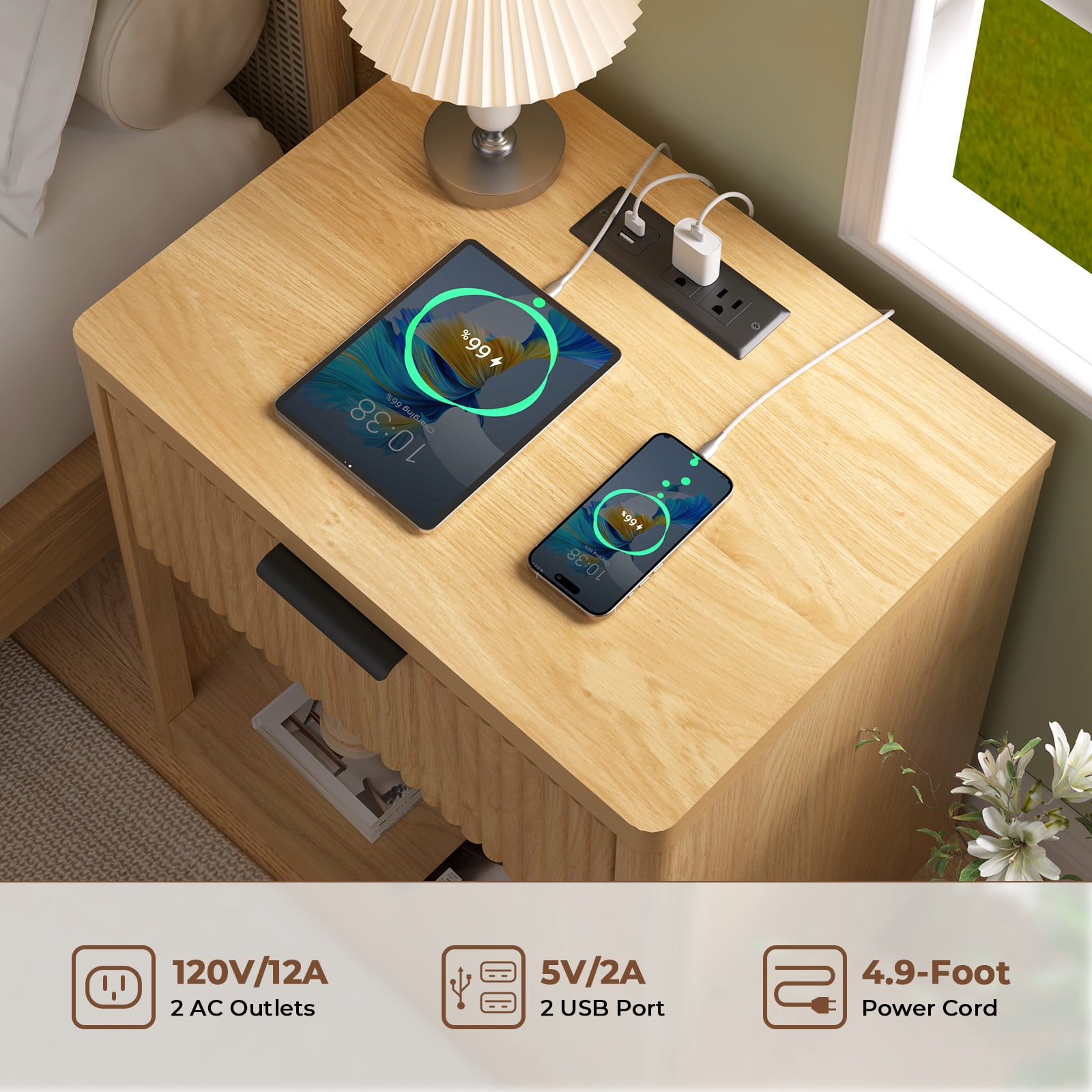 Hommpa Nightstand, Fluted Bed Side Table with Charging Station, Modern End Side Table for Bedroom Furniture Living Room Sofa, Night Stand with Storage Drawers and Large Open Shelf