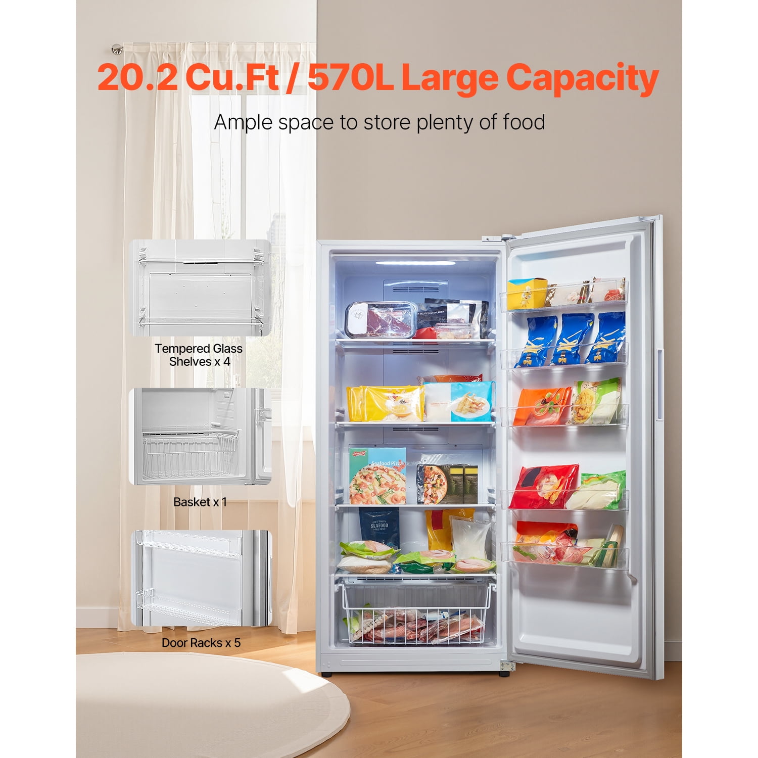 KFFKFF 20.2 Cu.Ft Convertible Upright Freezer Refrigerator, Frost-Free Combo with Temperature Control, Open Door Alarm, Adjustable Shelves & LED Lighting for Kitchen, Garage & Office