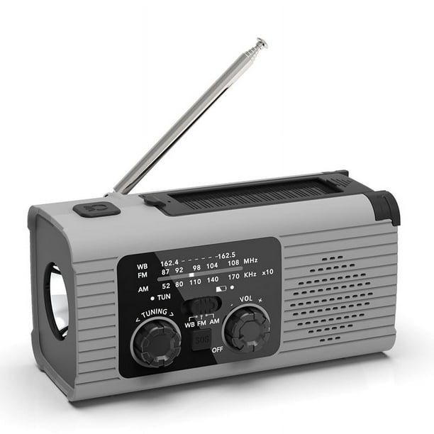 Radio de Emergencia con Manivela, Multifunción, AM/FM/, Solar, con Alarma SOS, 4000 MAh, Color gris