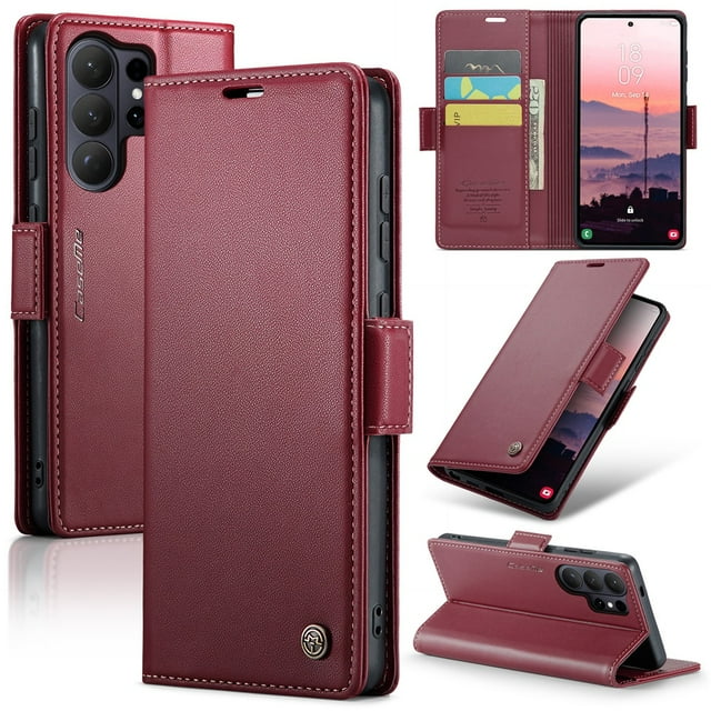 CaseMe Funda de Cuero para Samsung Galaxy S26 Ultra 5G con Bloqueo RFID, para Samsung Galaxy S26 Ultra 5G Funda para Mujer y Hombre, Tarjetero con Cierre Magnético, Funda Tipo Folio, Rojo Vino