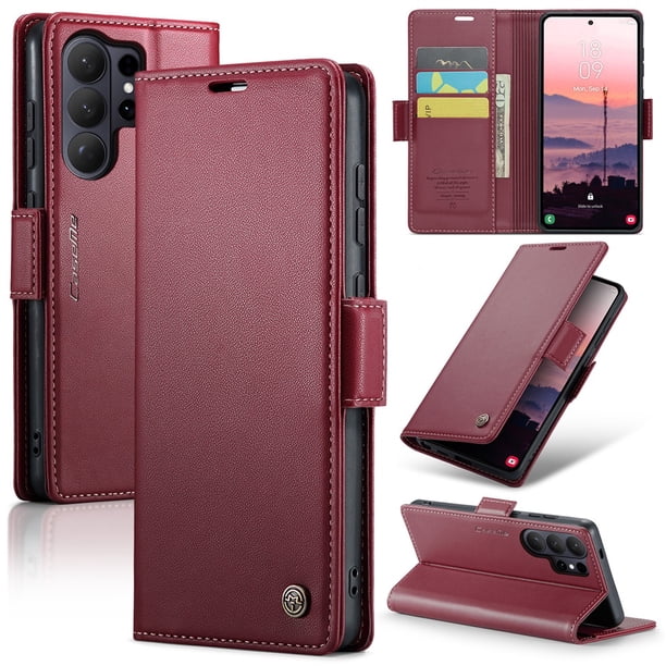 CaseMe Funda de Cuero para Samsung Galaxy S26 Ultra 5G con Bloqueo RFID, para Samsung Galaxy S26 Ultra 5G Funda para Mujer y Hombre, Tarjetero con Cierre Magnético, Funda Tipo Folio, Rojo Vino