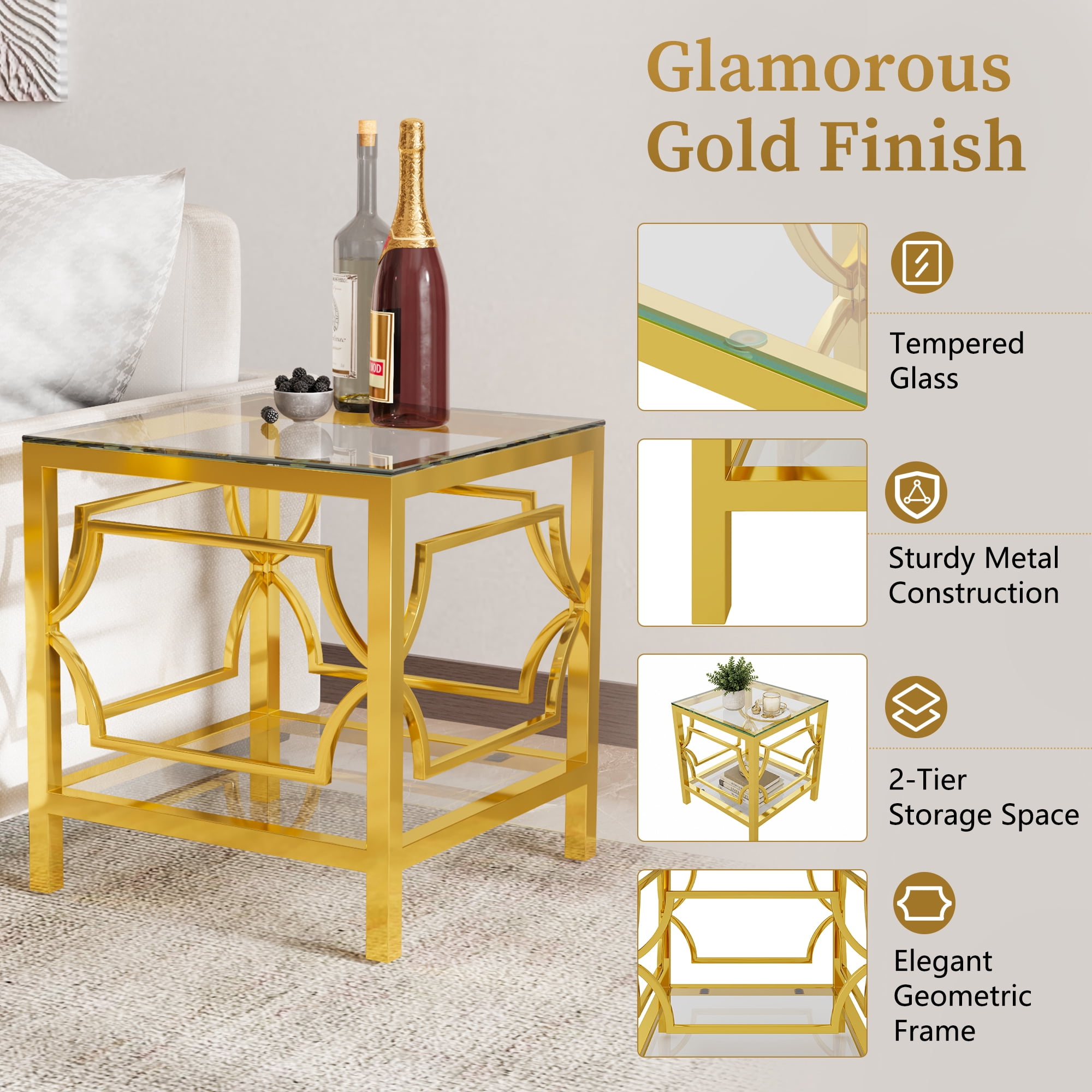 19.7" Round Side Table with Tempered Glass Top, 2-Tier Storage Shelf Modern Small End Table with Metal Frame, Sofa Side Accent Table
