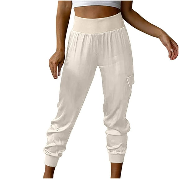 YYDGH Women's Joggers High Waisted Yoga Pants with Pockets Workout Athletic Loose Lounge Pants Beige S