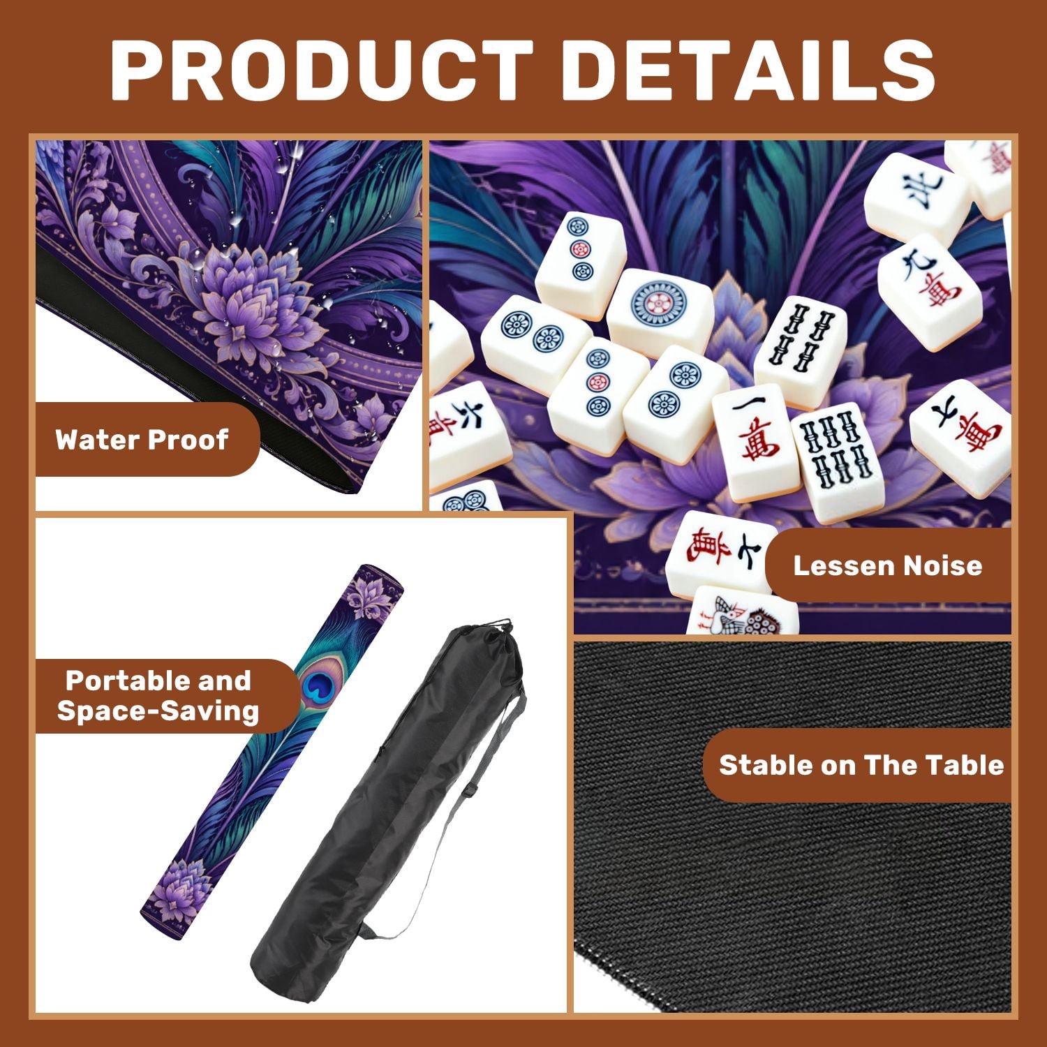 Mahjong Mat 31.5" x 31.5" Peacock Feather Purple Teal Ornamental Mandala Frame Non-Slip Noise Reduction Chic Portable Gaming Table Cover for Family Game Night & Gift