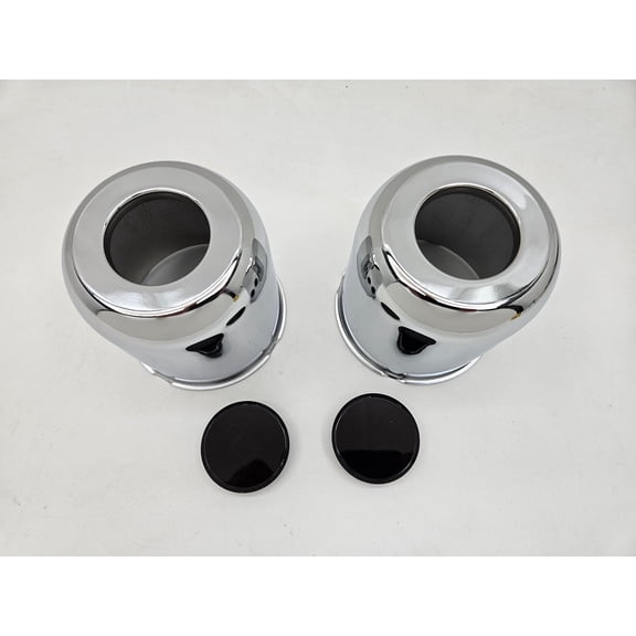 2- Chrome Metal Trailer Wheel Center Hub Cap Covers / 4.25 Bore / Black Caps