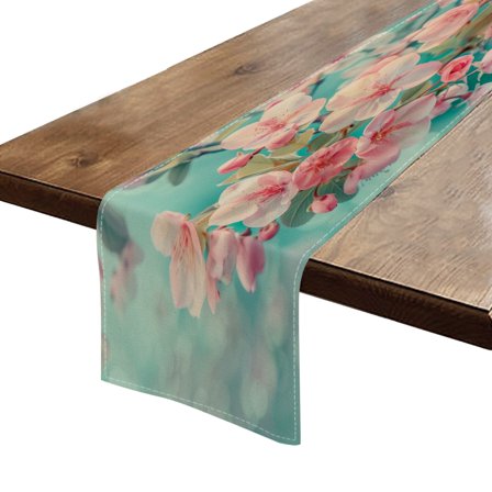 BaHomeck Table Runner 13*72 In,Set Of 1 Beautiful Spring Flowers On Turquoise Background High Density Cotton Linens Machine Washable Table Runner For Kitchen Dining Table Coffee Table Decor