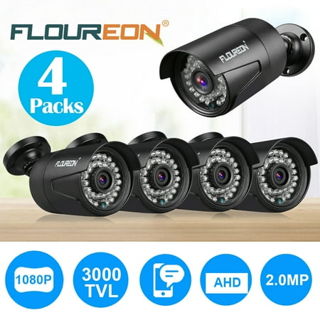 Security Cameras Infrared FLOUREON Waterproof Outdoor HD 1080P 2.0MP 3000TVL NTSC CCTV DVR Night Vision Infrared IR Security Cameras for Home, 4 Packs ()