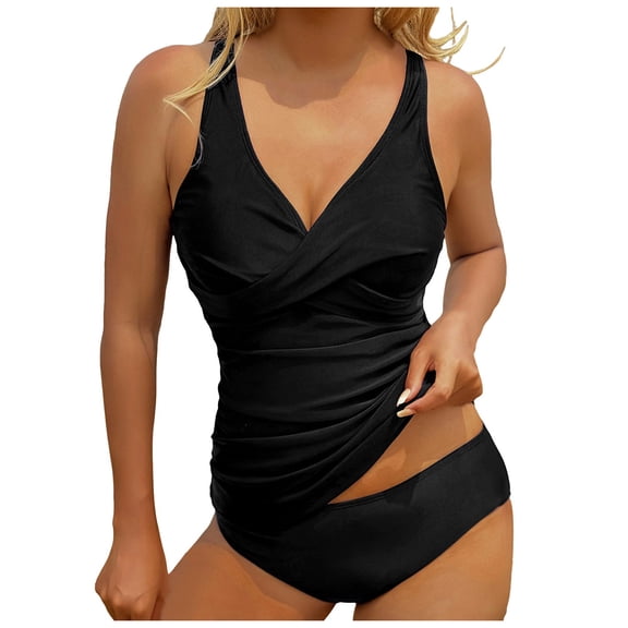 KPOPLK Womens Plus Size Swimsuits Modest Tankini Bathing Suits 2PCS Bathing Suit Swimwear(S,Black)