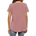 thumbnail image 3 of Camiseta de mujer simple con rayas verticales de corte holgado y manga corta con cuello en V de color puro para el verano, 3 of 6