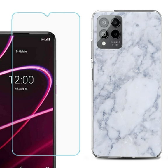 OneToughShield ® for T-Mobile Revvl 6x Pro 5G Shockproof Fashion Phone Case, with Tempered Glass Screen Protector - Marble / Clouds