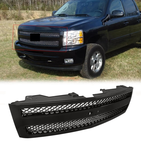 Gloss Black Front Bumper Grille for Chevy Silverado 1500 (2007-2013) - Sleek Black Shell with Black Insert