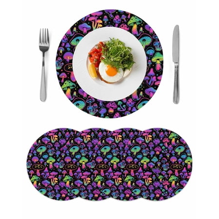 Purple Green Mushroom Round 15 Inch Placemats Set of 4 Abstract Art Botanical Gradient HeatResistant Non Slip Place Mats for Dining Table Wipeable Braided Kitchen Table Mats for Housewarming