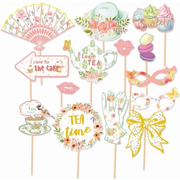 Bicuces 14 Pcs Tea Party Photo Booth Props and Decorations - Floral Supplies for Wonder Land Girl Oneder Land 1st Birthday Garden Party