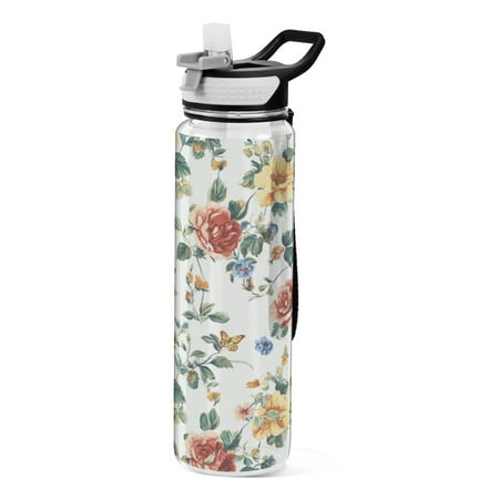 

32oz Transparent Sports Water Bottle with Straw BPA Free Tritan for Kids Adults Outdoor School Gym Fitness Beautiful Vintage Floral Pattern